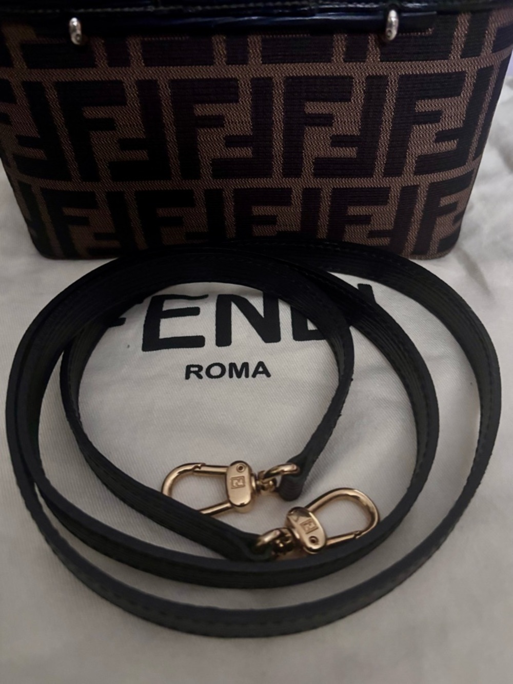 Fendi Zucca Canvas/Leather 2 way Vanity Bag Brown/Black Top Handle COA Dust Bag - Picture 3 of 15